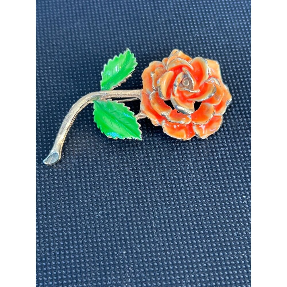Vintage Neon Orange Enamel Rose Flower Trembler Gold Tone Pin Brooch
